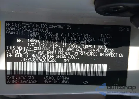 2010 Toyota Highlander z USA, uszkodzony, nr VIN JTEZA3EH7A2010286